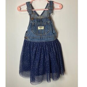 OshKosh B'gosh Girls 4T Denim Overall Tulle Skirt Dress Blue Silver Polka Dot